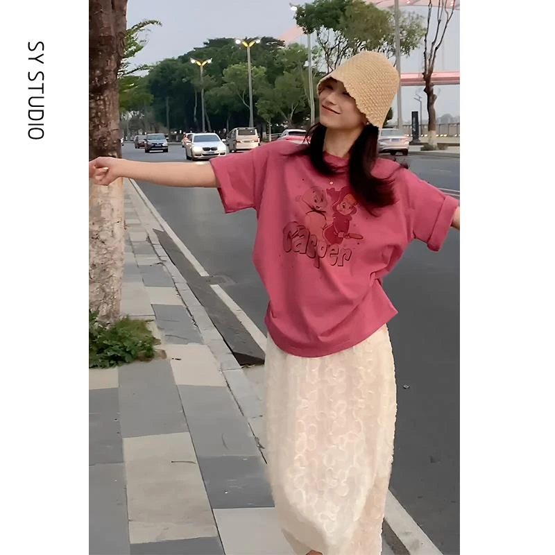 VOCKOO官方夏装搭配一整套时尚宽松卡通印花短袖T恤立体花朵显瘦