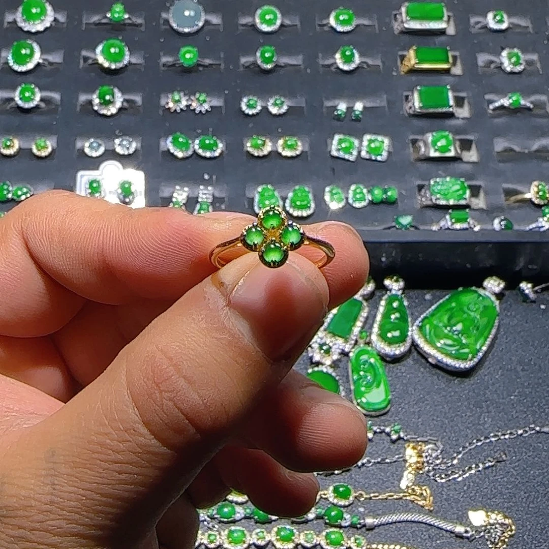 翡翠银S925镀金镶嵌戒指