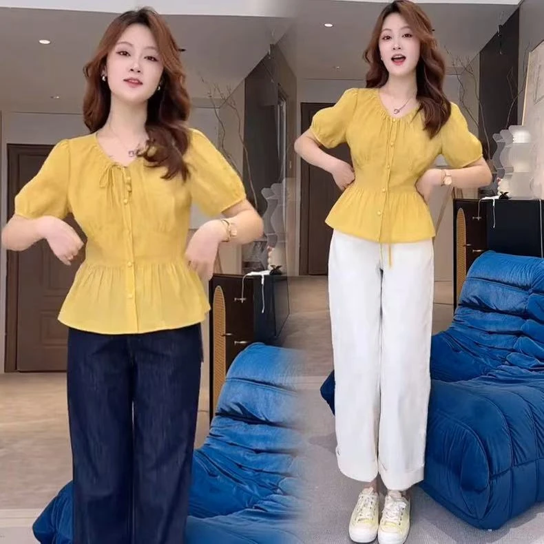 时尚系带短袖衬衫女2025夏季新款洋气显瘦减龄小个子收腰圆领上衣