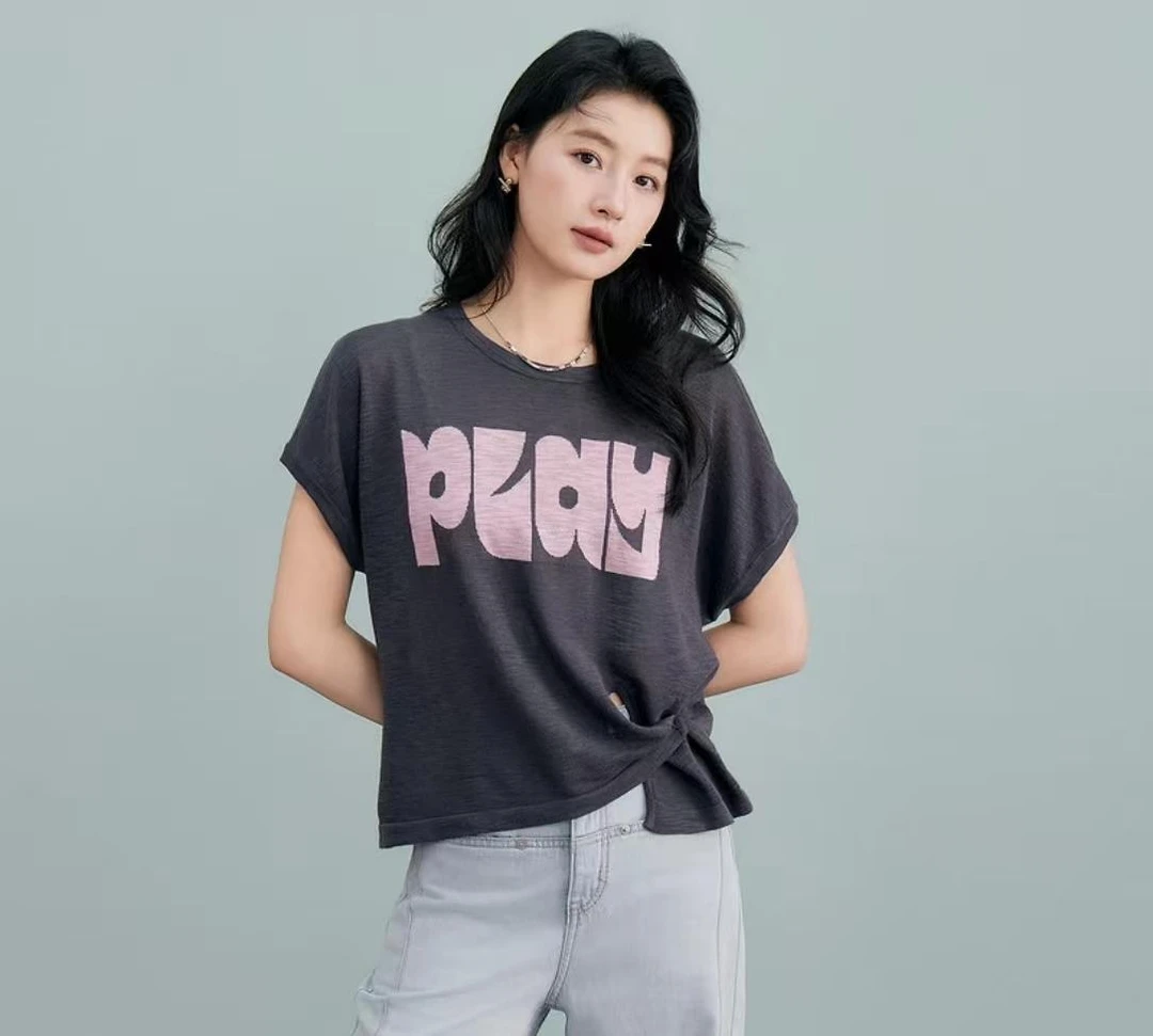 【字母-灰】 翻领时尚百搭短袖针织T恤女2025年春夏新款气质上衣