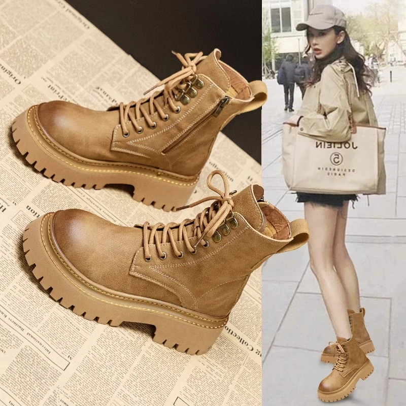 三福真皮马丁靴女春秋新款英伦风冬季加绒百搭短靴厚底增高大黄靴