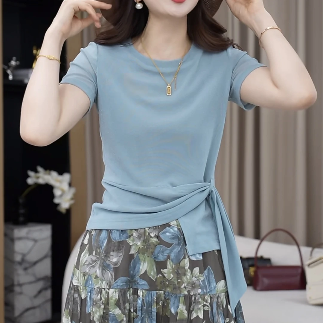 蓝色圆领短袖女2025夏季新款大码显瘦百搭时尚洋气减龄上衣设计感