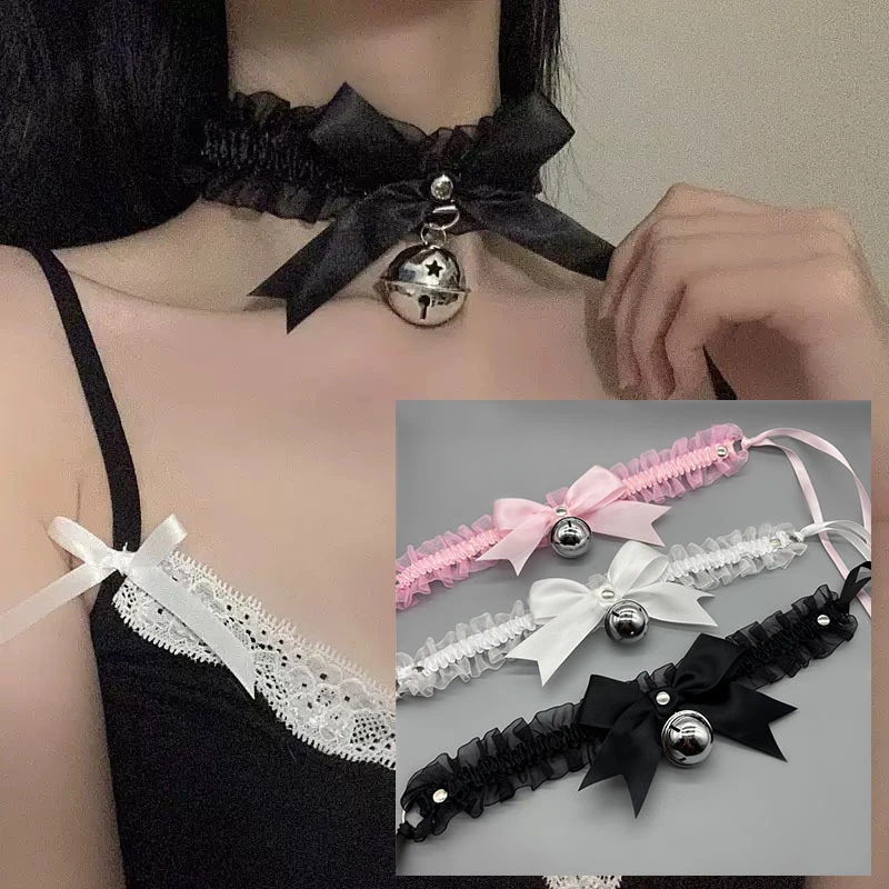 蝴蝶结蕾丝花边铃铛项链choker锁骨脖子配饰软妹颈带cos女仆项圈