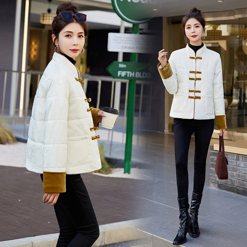 新中式国风盘扣羽绒棉服超厚拼接丝绒提花小棉袄复古潮流保暖