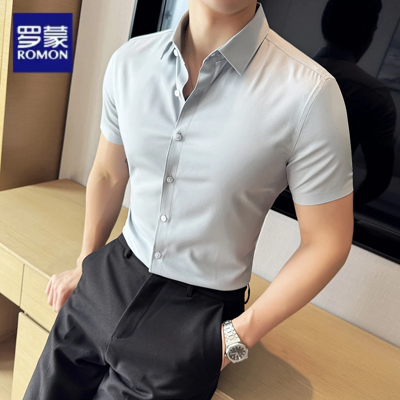 罗蒙纯色翻领夏季新款高端短袖衬衫商务休闲潮流百搭男士上衣衬衣