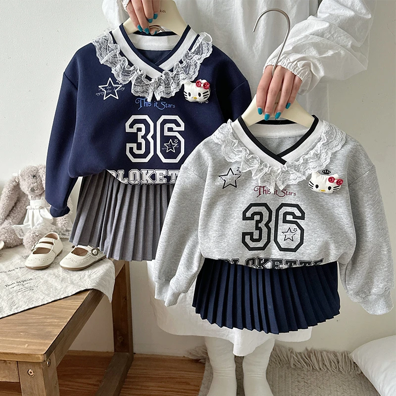 【橘子家】现货~女童蕾丝领字母36卫衣HS61046学院风百褶裙HS61036