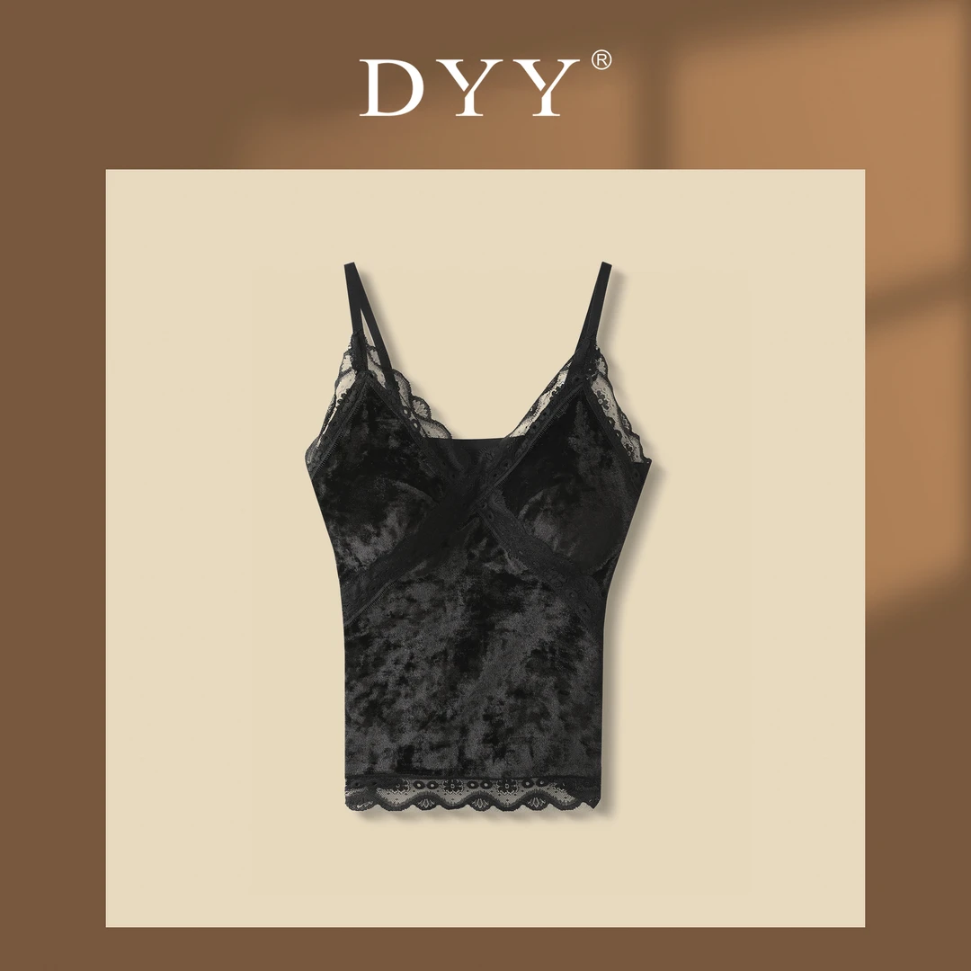DYY品牌丝绒蕾丝吊带打底内搭性感带胸垫气质无痕通勤美背YT2316