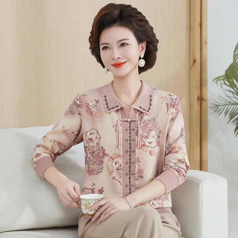 2025秋季新款中老年新款妈妈针织长袖小衫百搭时尚打底衫上衣洋气