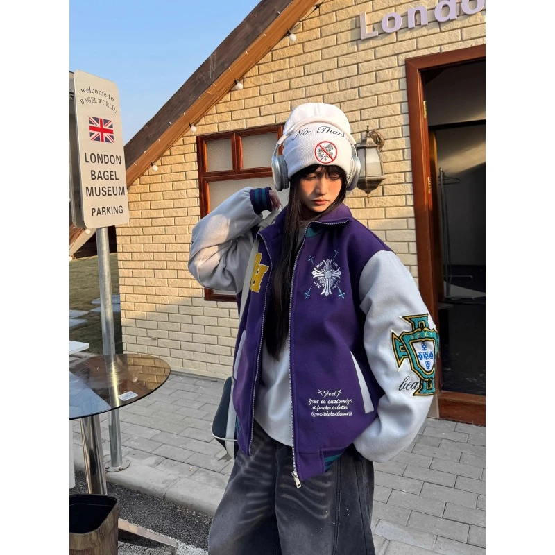 国潮翻领棒球服外套春季宽松植绒设计感男女毛呢夹克百搭外套
