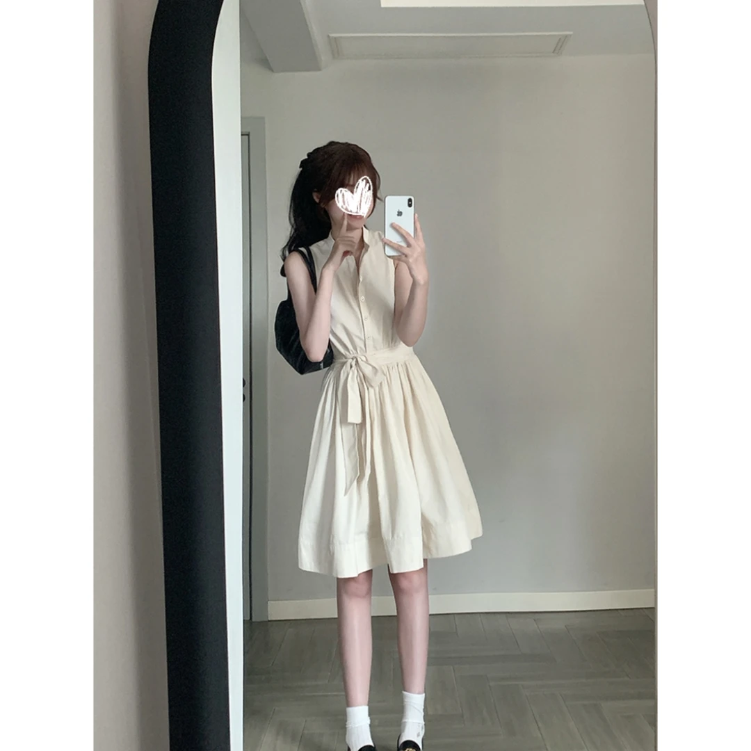 【京都贵女】夏季新款立领背心裙蝴蝶结系带连衣裙