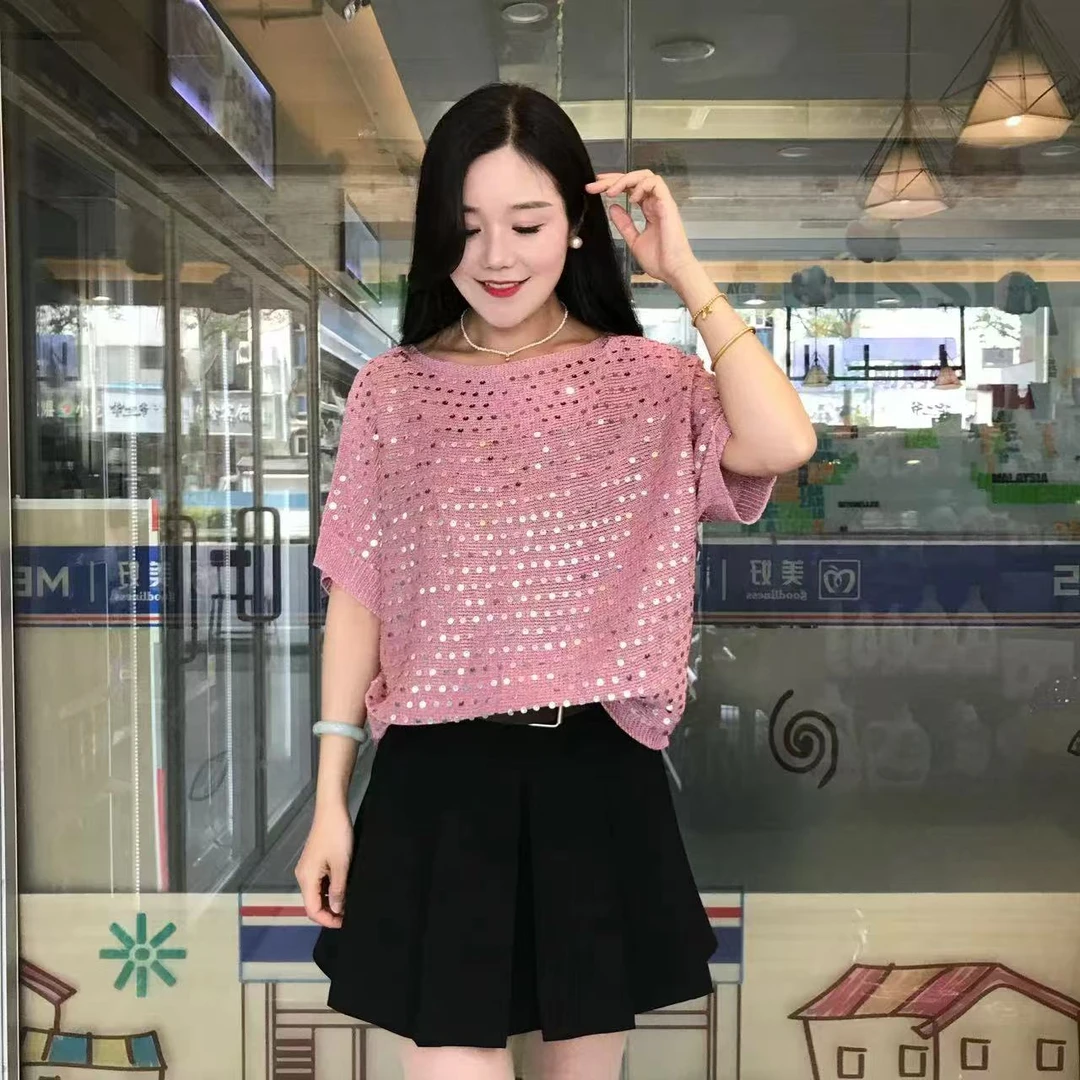 重工亮片设计感圆领套头修身短款针织T恤女新款洋气百搭减龄上衣