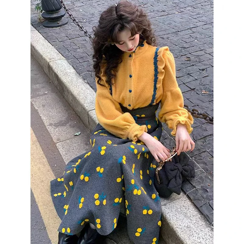 2025秋冬新款名媛穿搭法式撞色木耳边衬衫高腰立体花朵毛呢裙