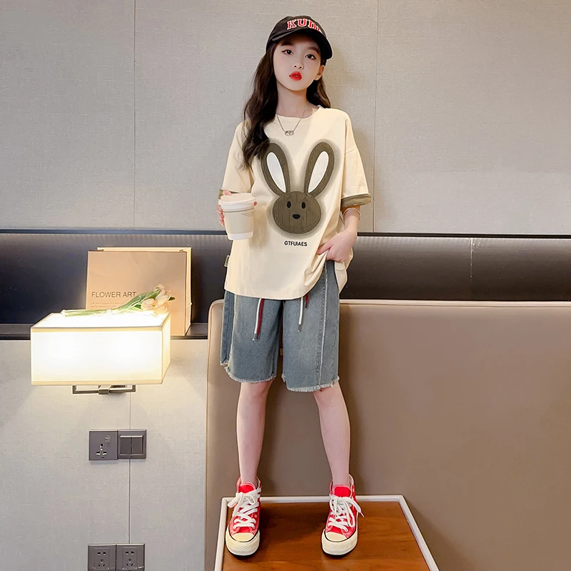 女童夏款套装纯棉短袖大童牛仔中裤新款洋气小女孩夏装时髦两件套