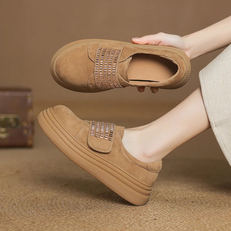 羊皮英伦风日常休闲小白鞋百搭时尚2025新款松糕底魔术贴时装单鞋