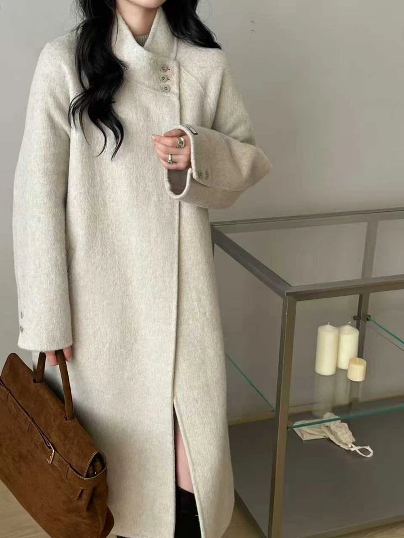 秋季立领女秋冬束身长款毛呢外套女士中长款时尚