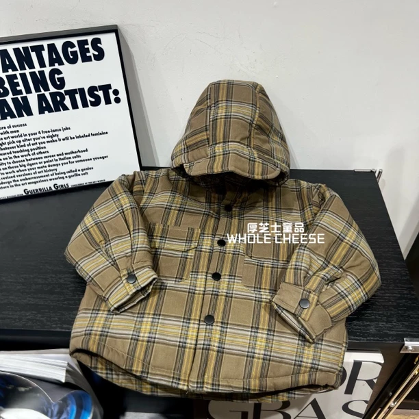 2438【格子调性】儿童秋冬加厚棉服中小童格子撞色保暖连帽外套