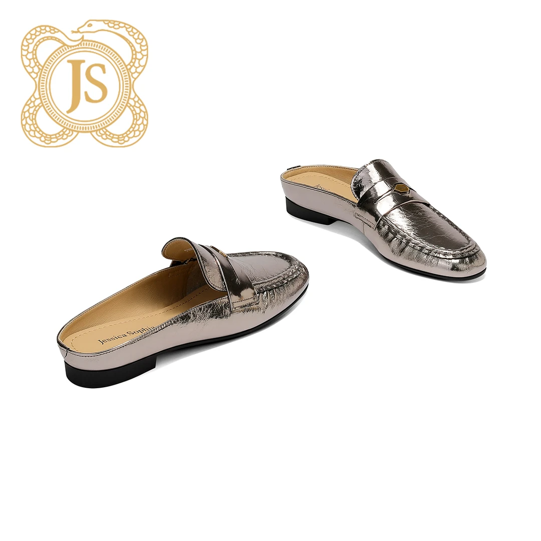 已开价，5160D52543Z金属牛皮穆勒拖舒适圆头平底显脚瘦包头拖