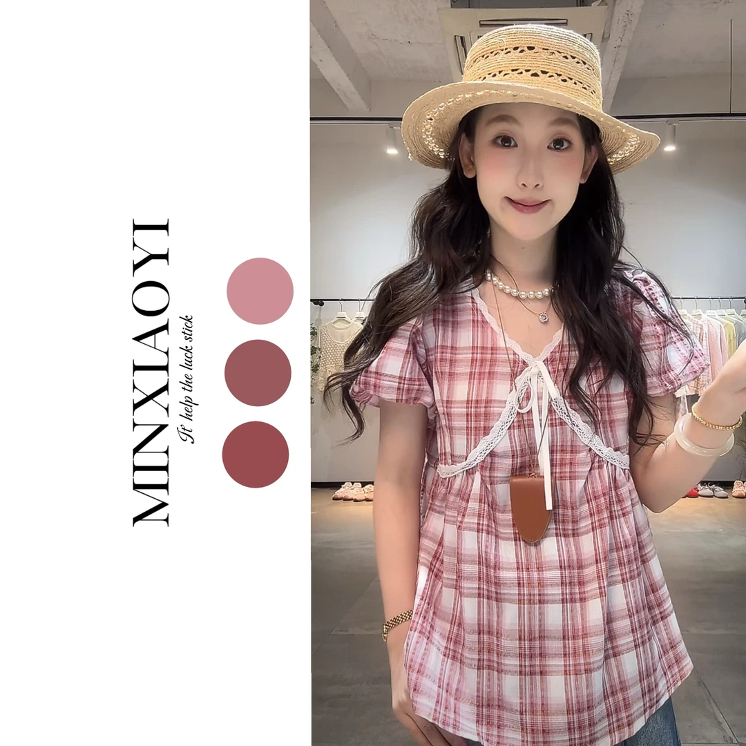 【闵笑一】红茶布蕾 蝴蝶结系带V领格子衬衫夏宽松减龄泡泡袖上衣