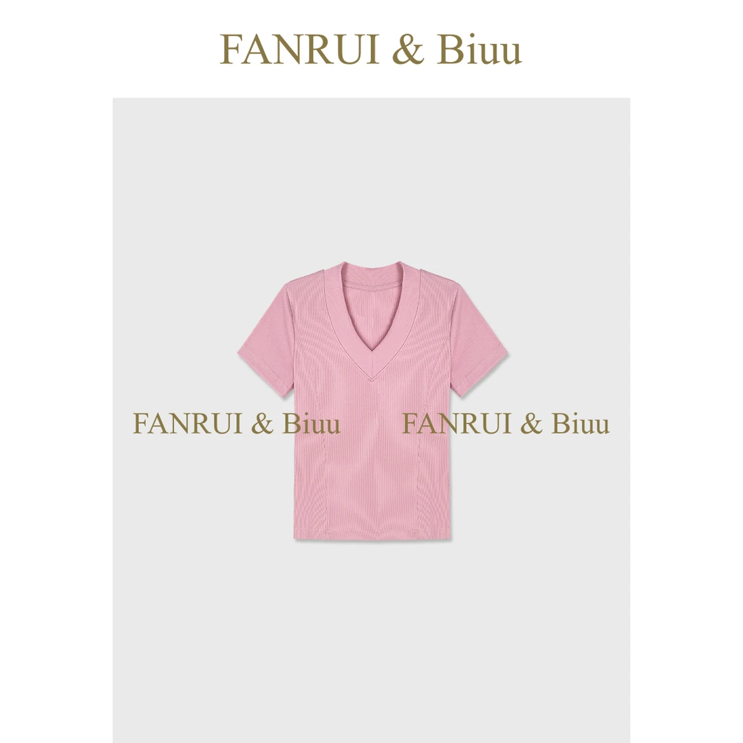 FANRUI/泛芮「幻汐」夏季V领减龄百搭设计感显瘦新款短袖T恤B16670