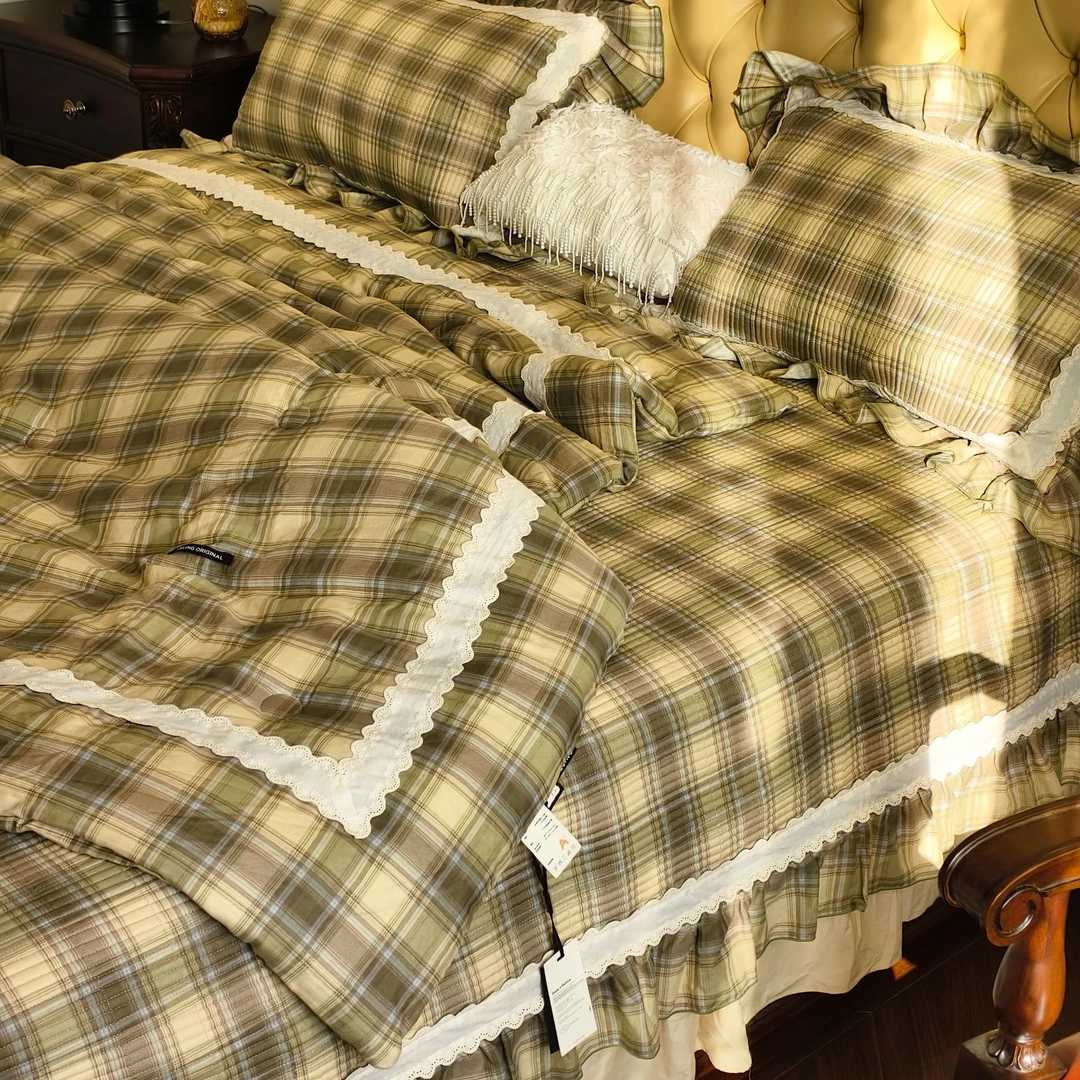 小冲冲【织格物语】法式复古英伦格荷叶边双层纱床盖套件