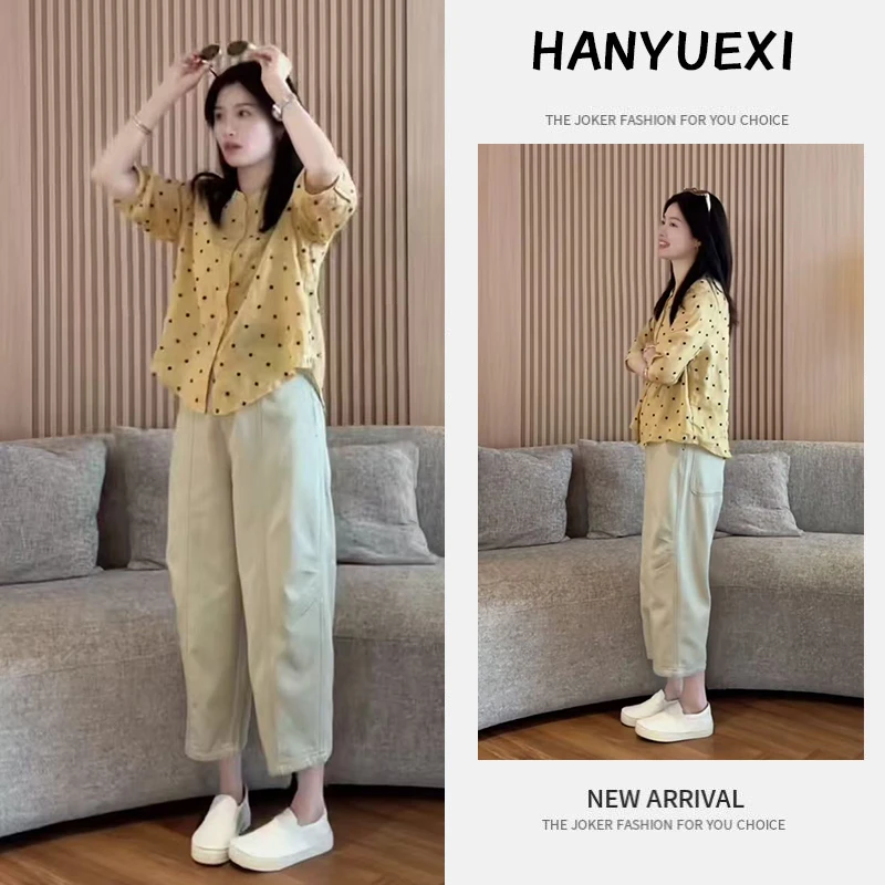 【现货】流行穿搭一整套2025新款休闲波点衬衫上衣宽松阔腿裤套装