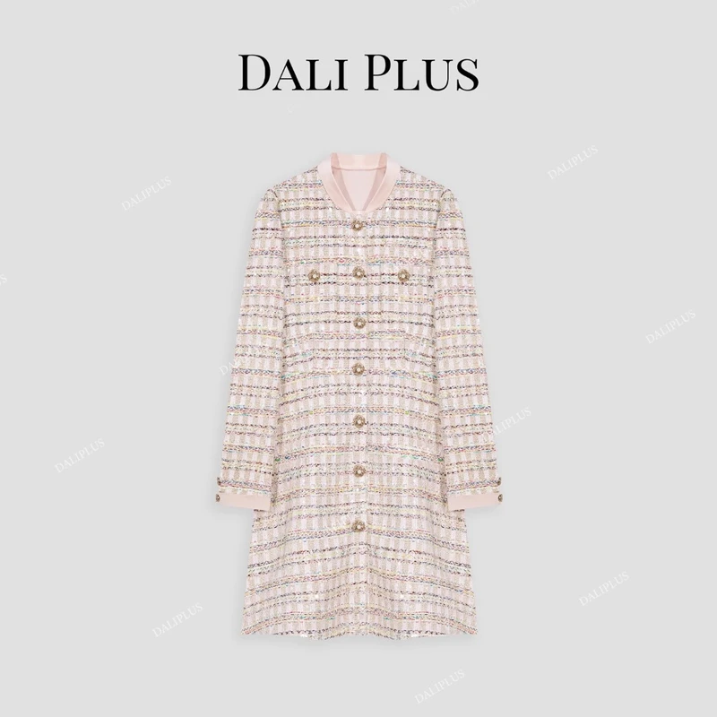 DALI PLUS精贵感 定制花纱粗花呢小香风粉色秋冬连衣裙-D4SZ0137
