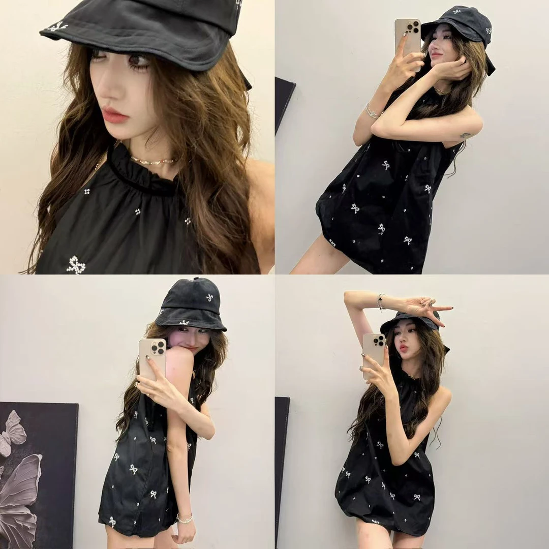 （浠儿家） 新款黑色蝴蝶结刺绣挂脖吊带上衣