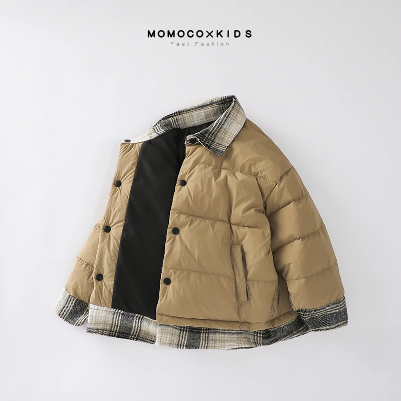 MOMOCO时尚儿童秋冬轻薄保暖拼接格子立领休闲羽绒服75430102020