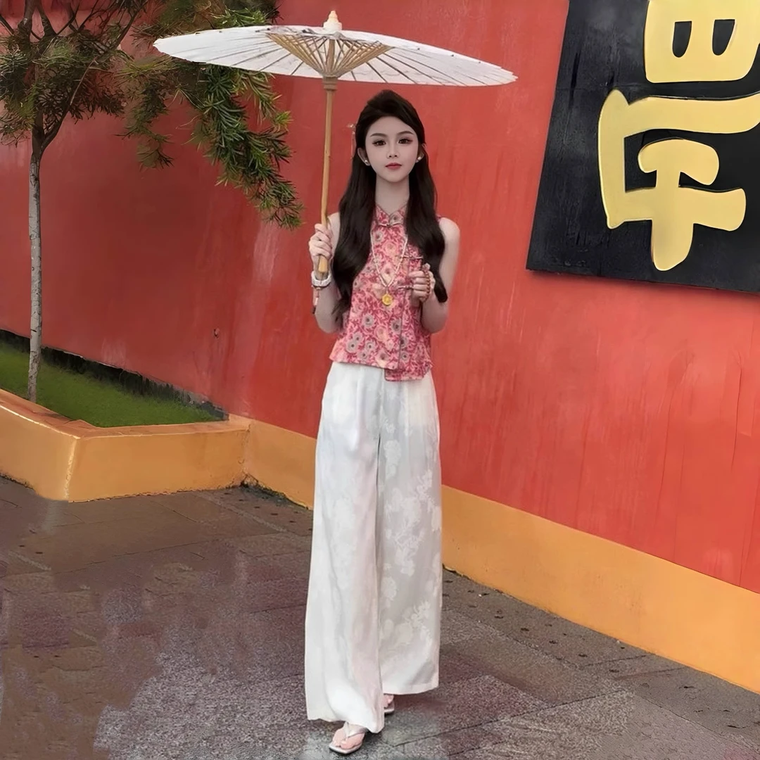 La babite新中式套装女2025夏国风盘扣上衣穿搭一整套新款阔腿裤