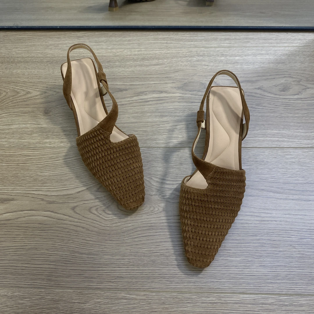 凉鞋女款中细跟方头编织女鞋子设计师款凉鞋时尚气质百搭夏季