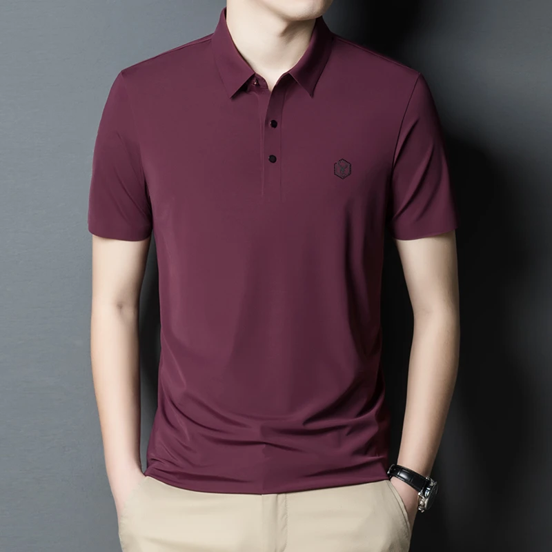 夏季酒红色t恤男士短袖冰丝polo衫爸爸婚宴装结婚礼服喜公公夏装