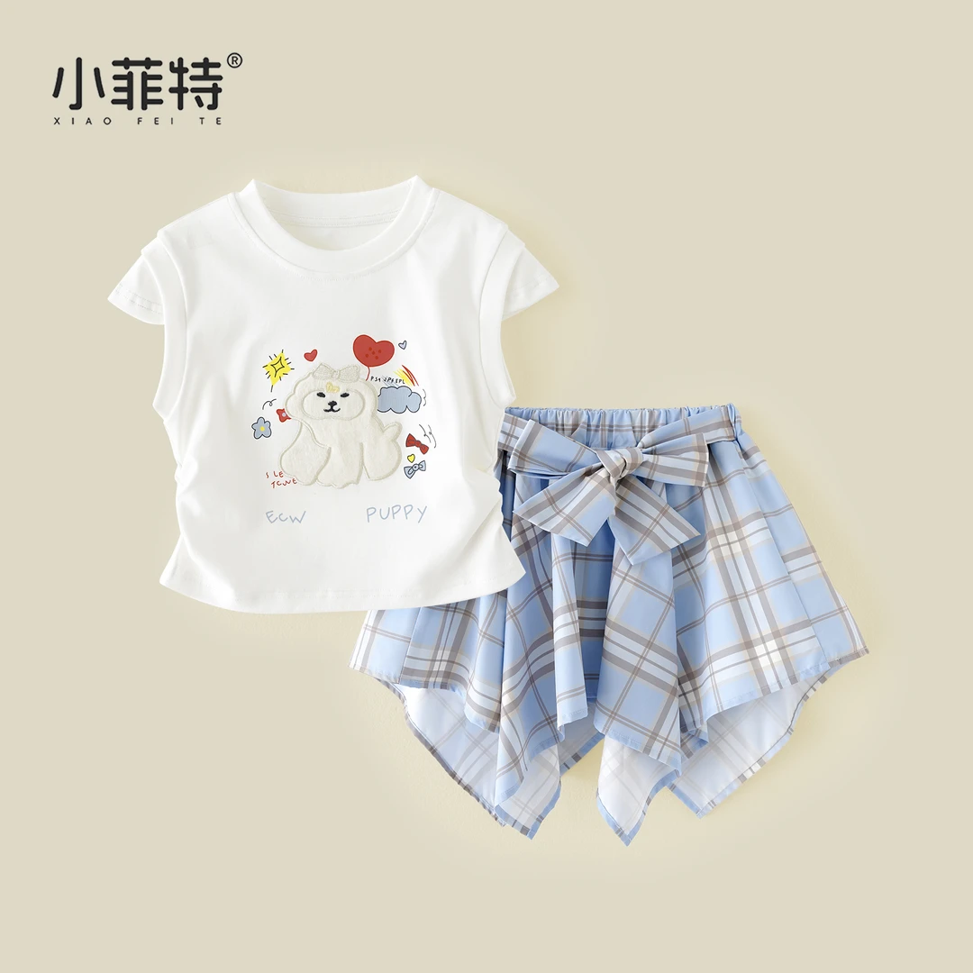 小菲特夏季新款女童甜美套装薄款小女孩格子裙裤两件套BGTX51605