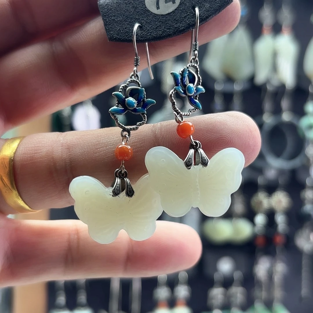 和田玉耳饰银S925镶嵌?****?