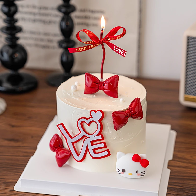 七夕情人节快乐卡通KT猫蝴蝶结蛋糕装饰love亚克力情侣表白插件