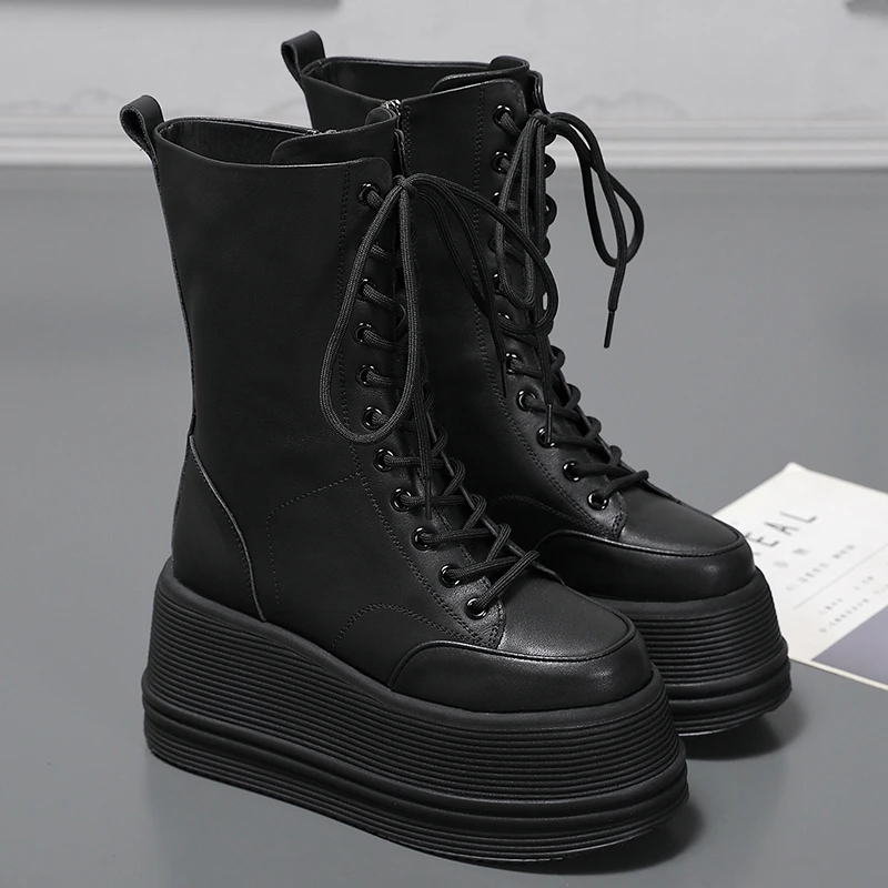 2025年秋冬款黑色增高9cm纯色短靴单靴系带交叉绑带牛皮轻便