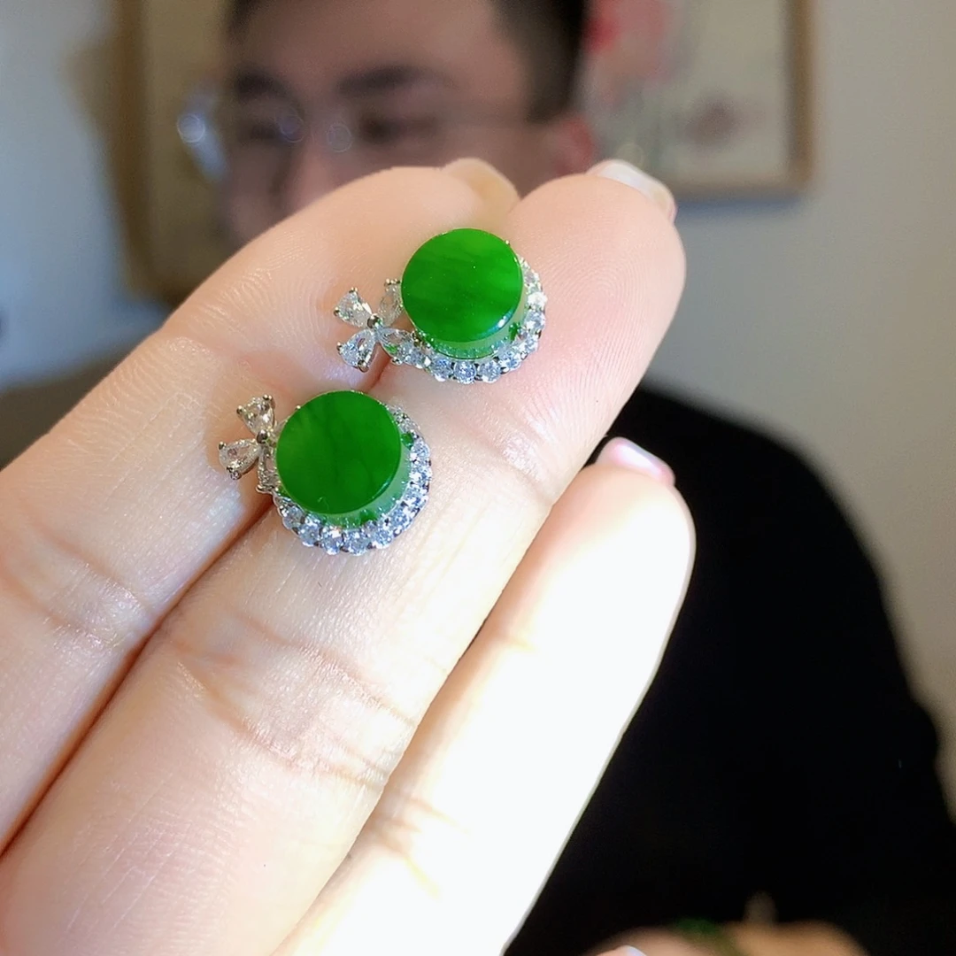 和田玉（碧玉）耳饰银S925镀金镶嵌