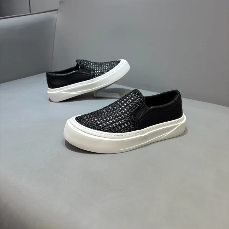 2025夏季新款时尚百搭舒适透气编织皮鞋休闲鞋潮流简约一脚蹬男鞋
