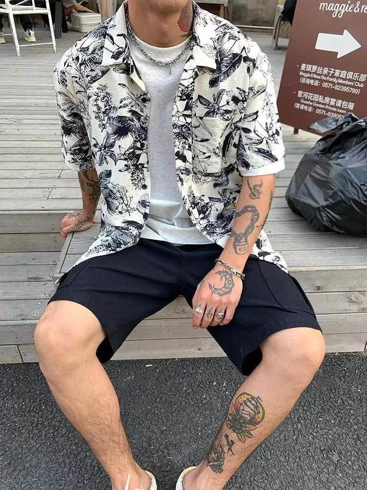 沙滩衬衫男夏季薄款冰丝短袖花衬衣出差夏威夷海边度假休闲上衣潮