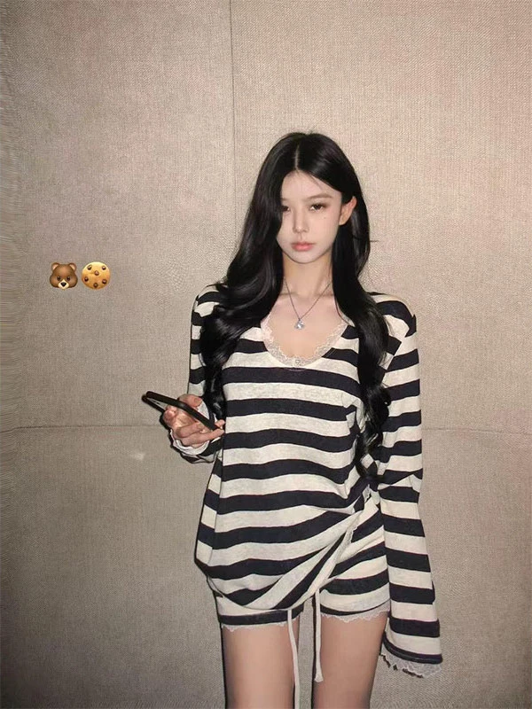 韩版条纹蕾丝花边睡衣女春秋款2025新款长袖短裤家居服套装可外穿