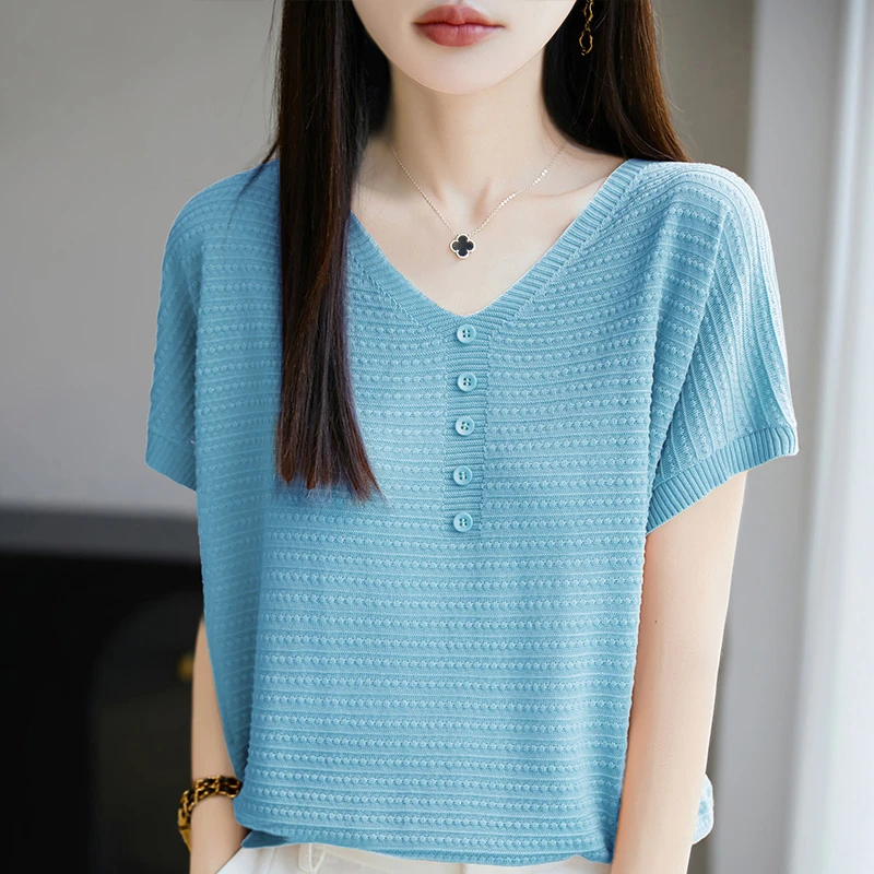 哥弟阿玛施正品100%莱赛尔天丝V领t恤女时尚宽松显瘦针织短袖小衫