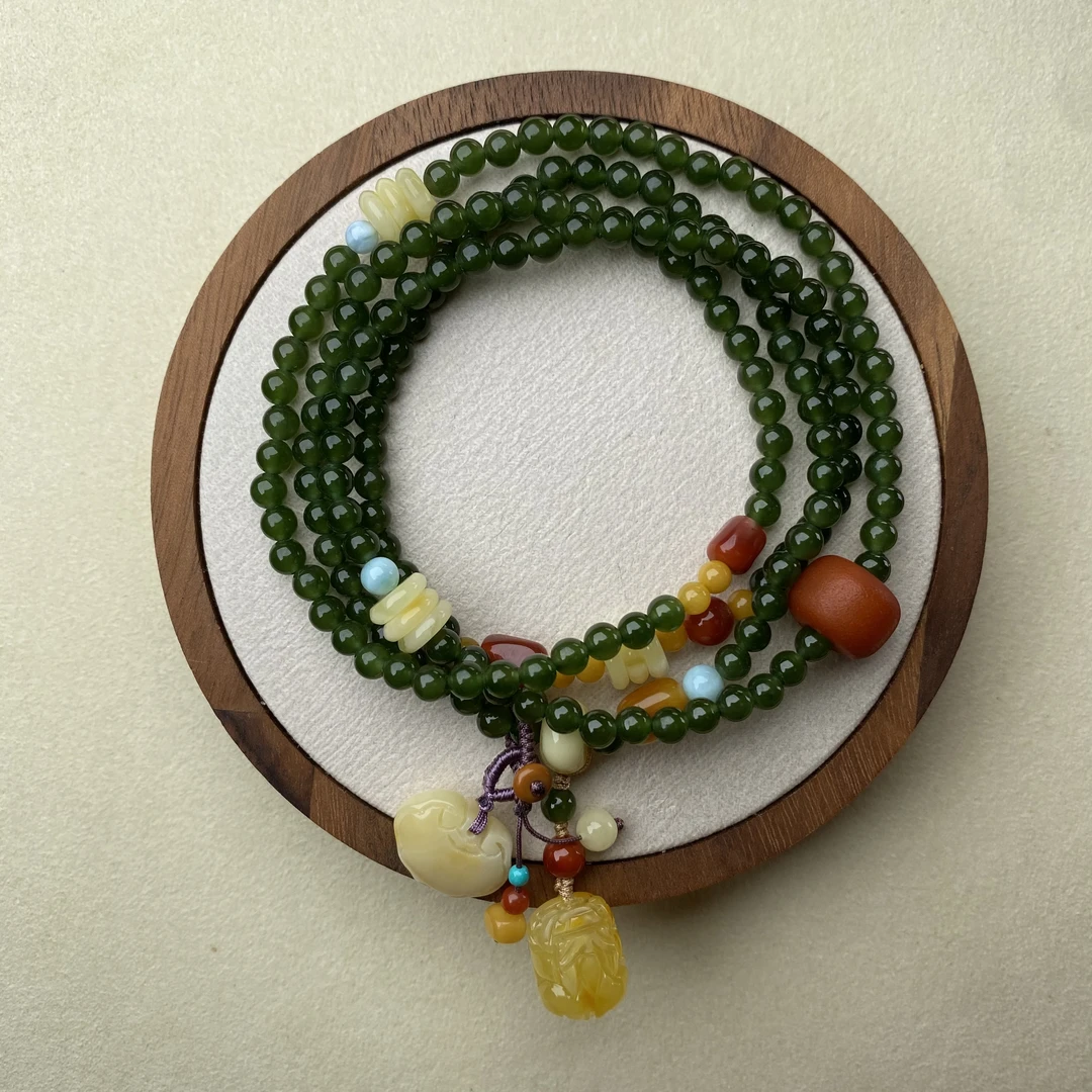 收藏级俄料全品碧玉浓菠菜绿四圈手链T044