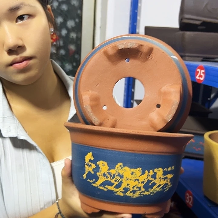 22+22蓝色八骏图花盆花盆