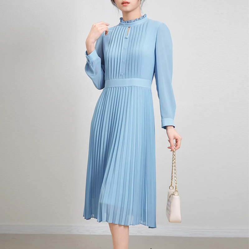 25090 蓝色裙子立领新款通勤气质职业连衣裙显瘦时尚复古修身拼接