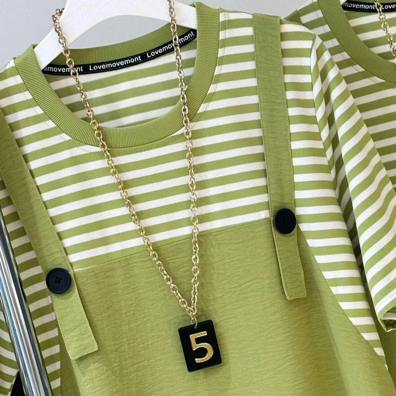 2024假两件条纹连衣裙夏季显瘦休闲韩版时尚拼接大码中长裙宽2025