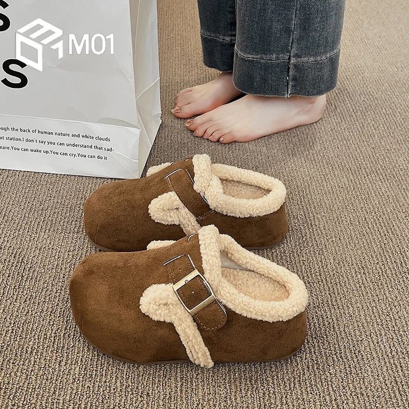 M01包头厚底加绒勃肯鞋半拖女冬季外穿新款超火一脚蹬懒人棉拖鞋