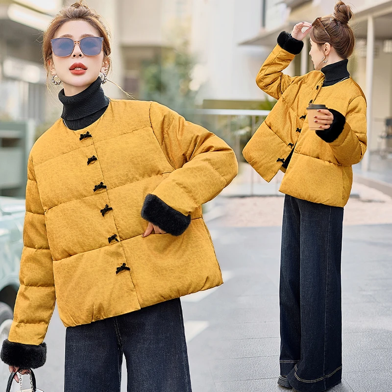 新中式国风羽绒服女2025冬季新款复古拼接加厚保暖白鸭绒短款外套