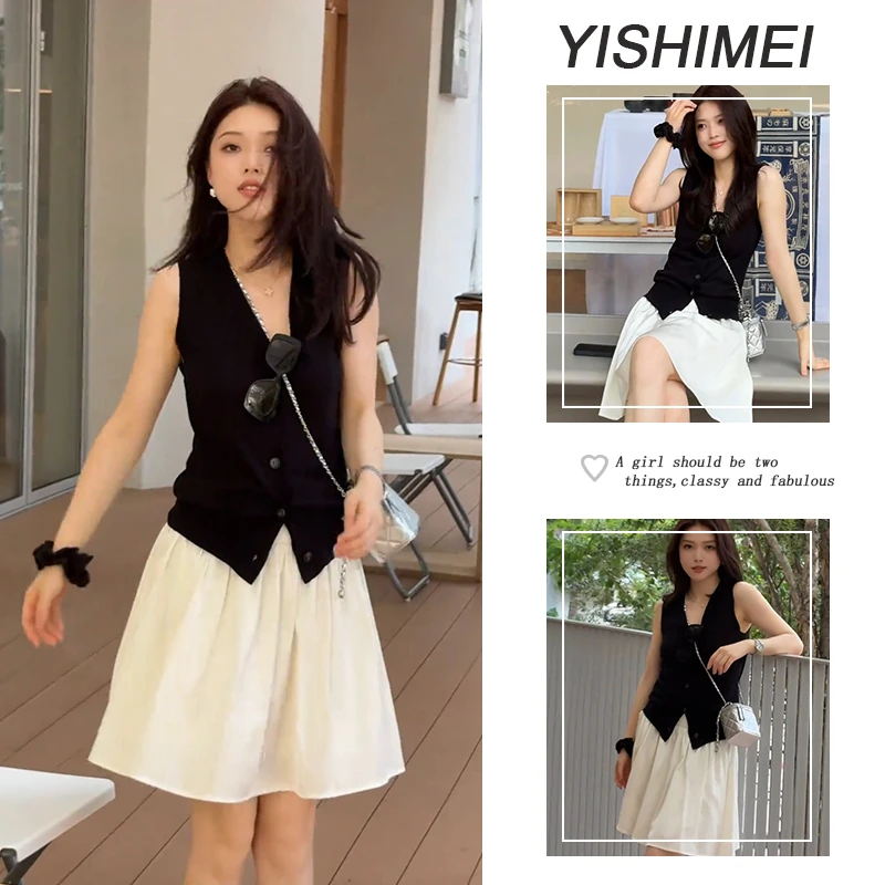 夏季温柔穿搭2025年新款爆款洋气百搭v领无袖上衣短裙两件套装