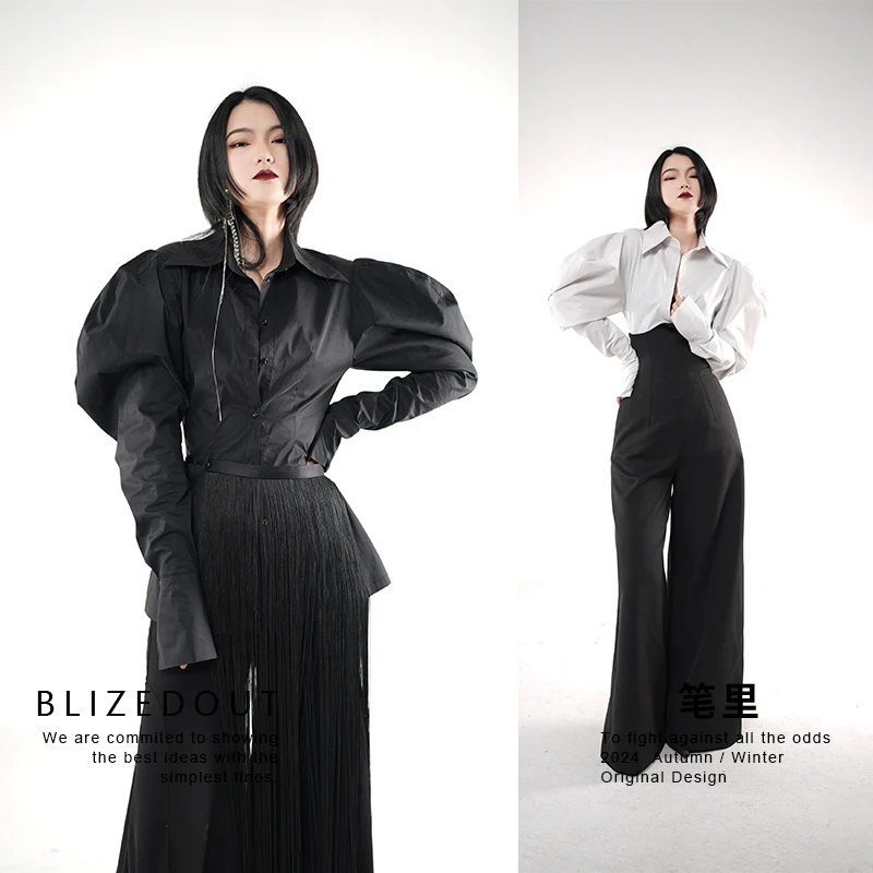 笔里【BLIZEDOUT】独立设计黑色灰白色阔肩收腰显瘦上衣衬衫5010403