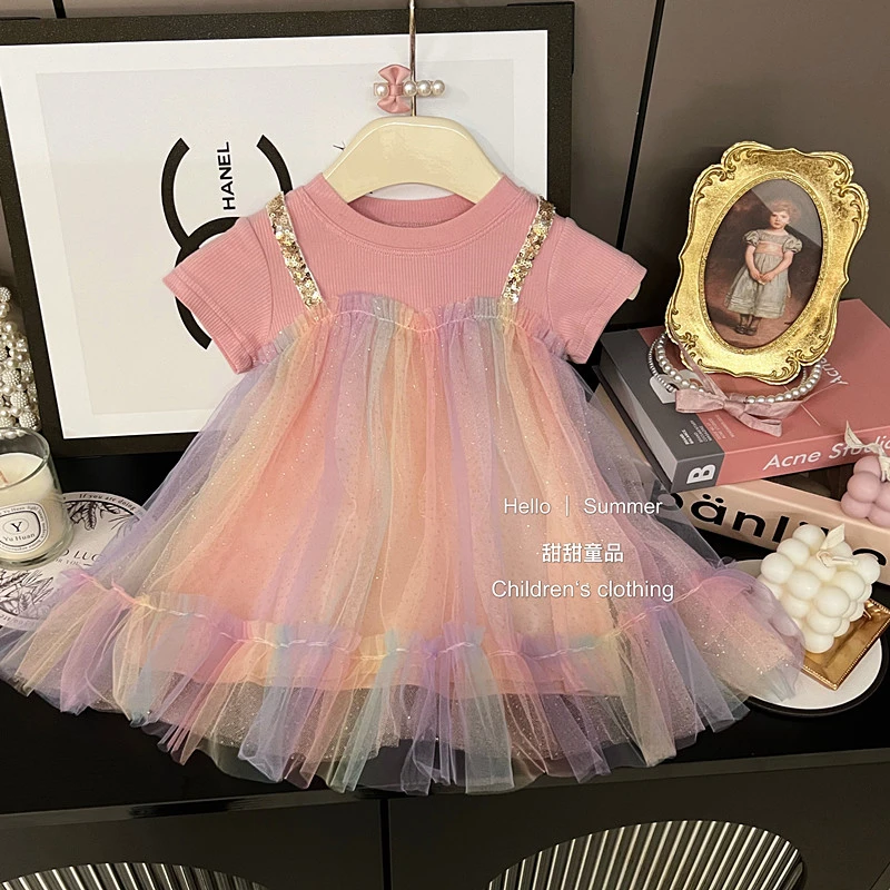 女童彩虹幻彩洋气公主纱裙女宝宝周岁礼物生日短袖莫代尔连衣裙
