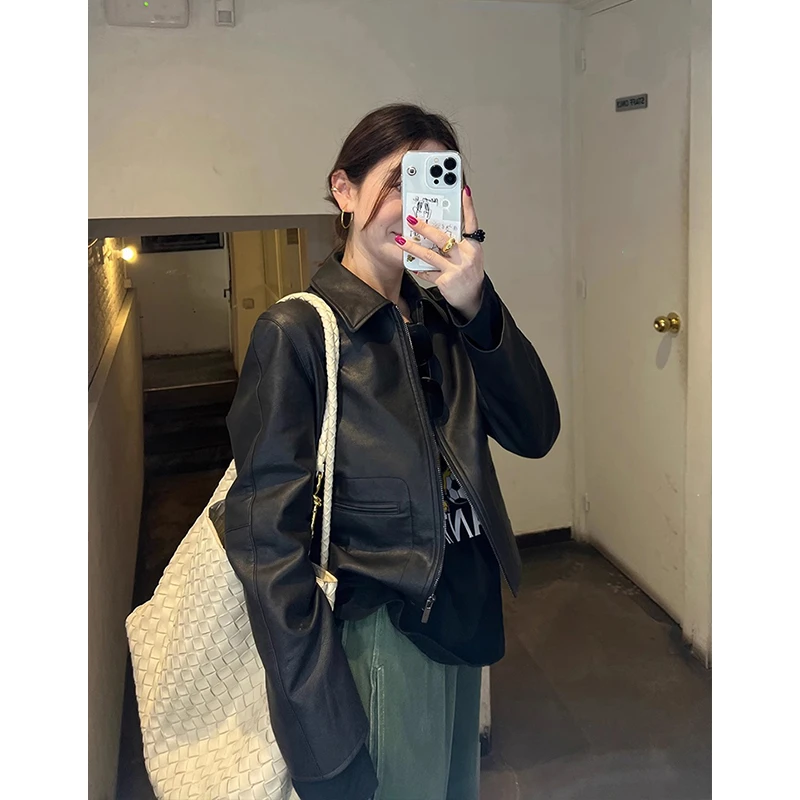 美式短款翻领PU皮衣外套女春季2025新款高级感黑色机车服夹克上衣